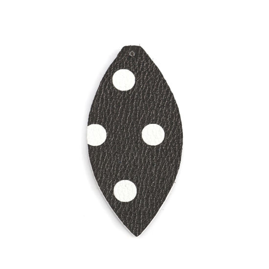 Picture of PU Leather Pendants Leaf Black & White Dot 68mm(2 5/8") x 33mm(1 2/8"), 50 PCs