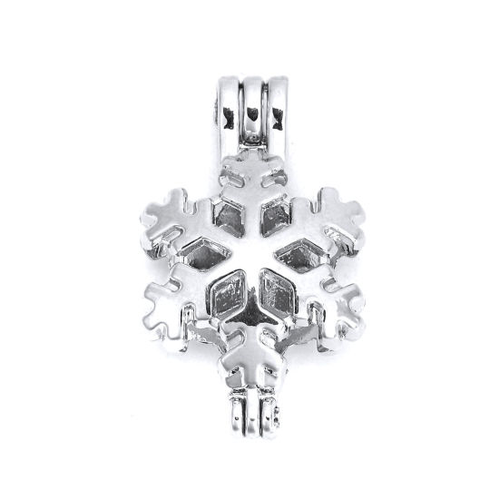 Picture of Zinc Based Alloy Wish Pearl Locket Jewelry Pendants Christmas Snowflake Silver Tone Can Open (Fit Bead Size: 8mm) 31mm(1 2/8") x 19mm( 6/8"), 3 PCs