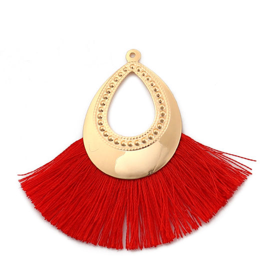 Immagine di Poliestere Nappine Ciondoli Goccia Oro Placcato Rosso 60mm x 55mm, 3 Pz