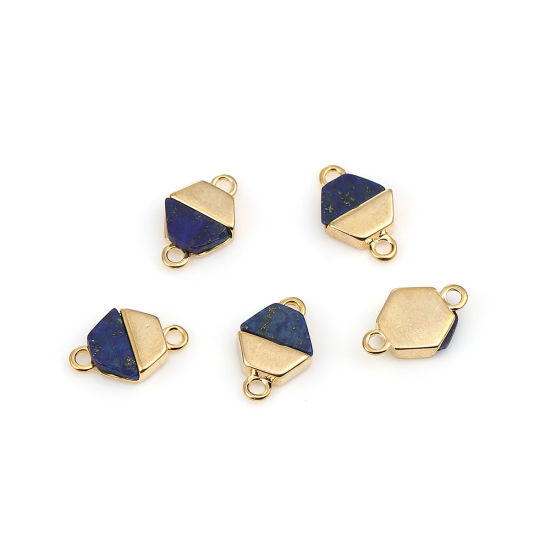 Imagen de Latón & Resina Conectores Hexágono 18k Chapado en Oro Azul Oscuro Efecto Mármol 12mm x 8mm, 2 Unidades