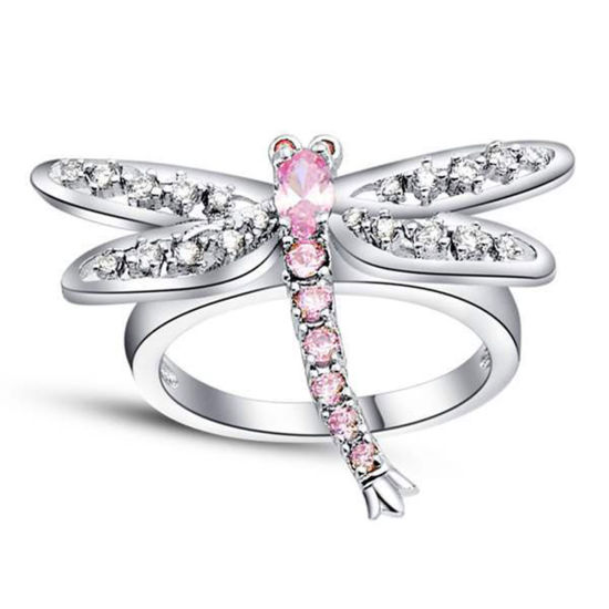 Image de Bagues Élégant Non Ajustable en Laiton Libellule à Strass Rose 1 Pièce