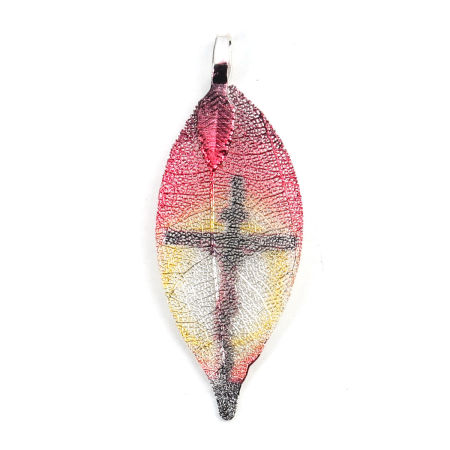 Brass Religious Pendants Multicolor Leaf Cross 5.2cm x 1.9cm, 2 PCs