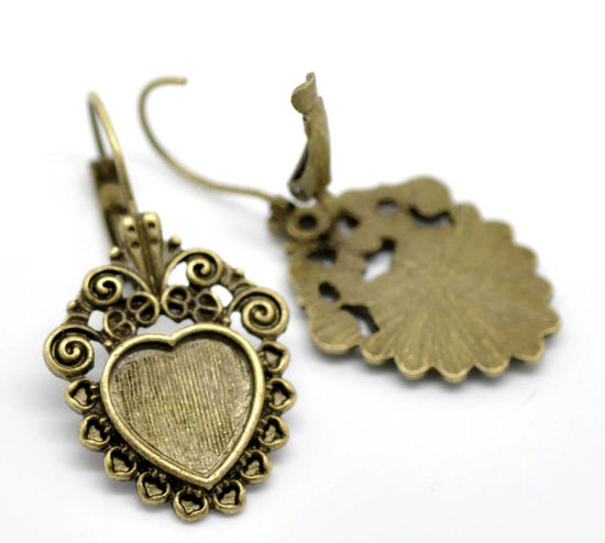 Image de Boucles d'Oreilles Clips Supports à Cabochons en Laiton Forme Cœur Bronze Antique (Cabochon Rapportable 12mm x 12mm) 4cm x 2.2cm, Epaisseur de Fil: (20 gauge), 10 Pcs