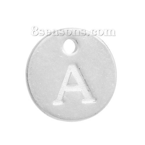 Immagine di Lega di Zinco Charms Tondo Argento Placcato Iniziale Lettera " A " 12mm Dia, 20 Pz