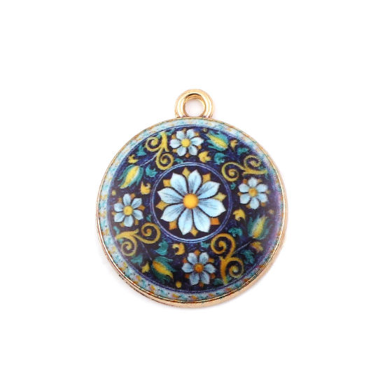 Immagine di Lega di Zinco Charms Tondo Oro Placcato Multicolore Fiore 23mm x 20mm , 10 Pz