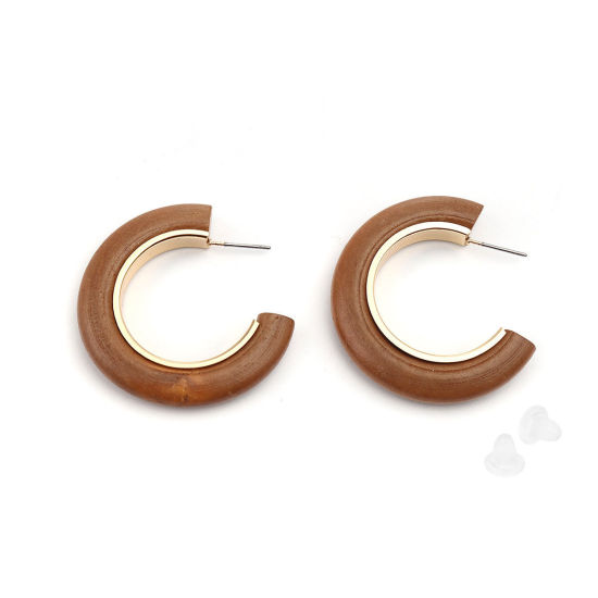 Image de Boucles d'Oreilles Créole Anneaux en Alliage de Zinc & Bois Naturel Doré Brun Forme de C 40mm x 40mm, Epaisseur de Fil: (21 gauge), 2 Pcs