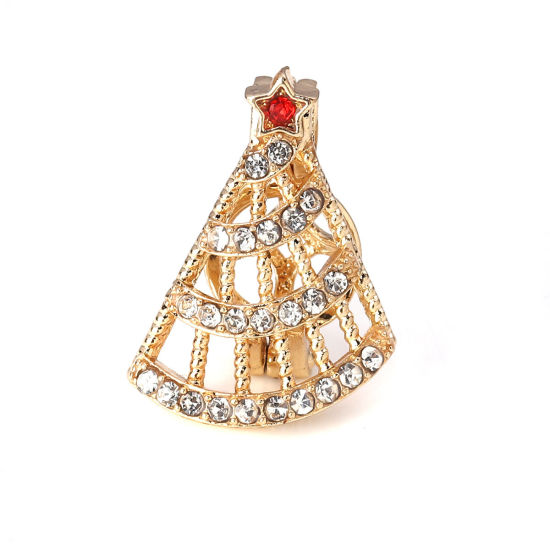 Picture of Zinc Based Alloy Wish Pearl Locket Jewelry Pendants Christmas Tree Pentagram Star Gold Plated Red Clear Rhinestone Can Open (Fit Bead Size: 8mm) 25mm(1") x 19mm( 6/8"), 3 PCs