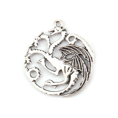 Pendentifs en Alliage de Zinc Dragon de Trois Têtes Argent Vieilli 35mm x 32mm, 10 Pcs