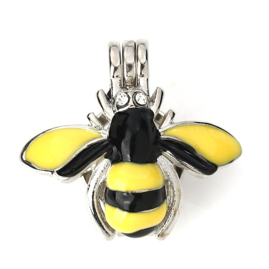 Picture of Zinc Based Alloy Wish Pearl Locket Jewelry Pendants Bee Animal Silver Tone Yellow Clear Rhinestone Enamel Can Open (Fit Bead Size: 8mm) 25mm(1") x 23mm( 7/8"), 3 PCs