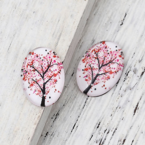 Image de Cabochon Dôme en Verre Ovale Dos Plat Rose Arbres 18mm x 13mm, 30 Pcs