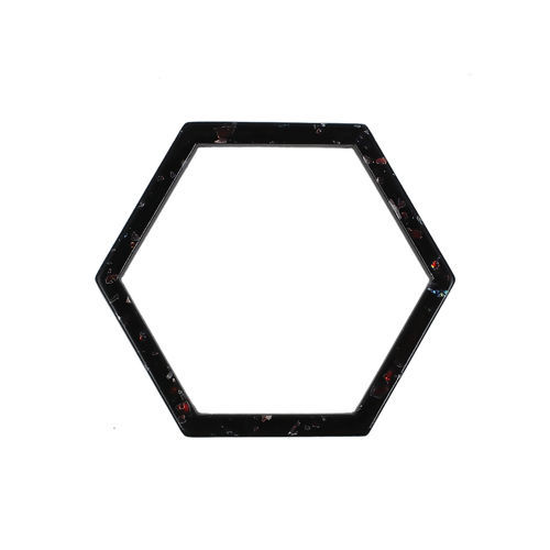 Image de Connecteurs en Acrylique Hexagone Noir Paillettes 34mm x 30mm, 10 Pcs