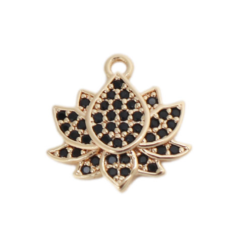 Ottone Charms 18K Vero Oro Placcato Fiore Di Loto Nero Strass 13mm x 13mm, 1 Pz