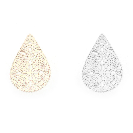 Ottone Ciondoli Oro Placcato Goccia Fiore Filigree Stamping 4cm x 2.7cm, 10 Pz