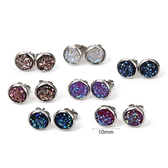 Immagine di 304 Acciaio Inossidabile Druzy/ Drusy Orecchini a Perno Tono Argento Rosso Prugna Tondo AB Colore 10mm Dia., Posta / Filo Dimensione: (19 misura), 2 Paia”