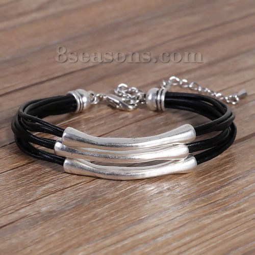 Image de Bracelet Perle Fait Main en Cordon Ciré Argent Vieilli Noir Pendentif Arc 20cm long, 1 Pièce