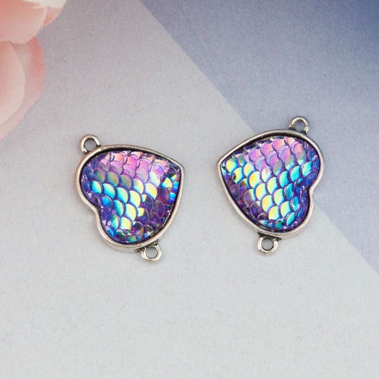 Image de Connecteurs Ecailles de Dragon/Sirène en Alliage de Zinc+Résine Cœur Violet Argent Vieilli Couleur AB 24mm x 17mm, 10 Pcs