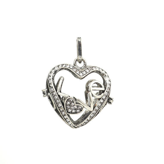 Picture of Copper Pendants Mexican Angel Caller Bola Harmony Ball Wish Box Locket Heart Antique Silver Color Clear Rhinestone Can Open (Fits 18mm Beads) 41mm(1 5/8") x 32mm(1 2/8"), 1 Piece