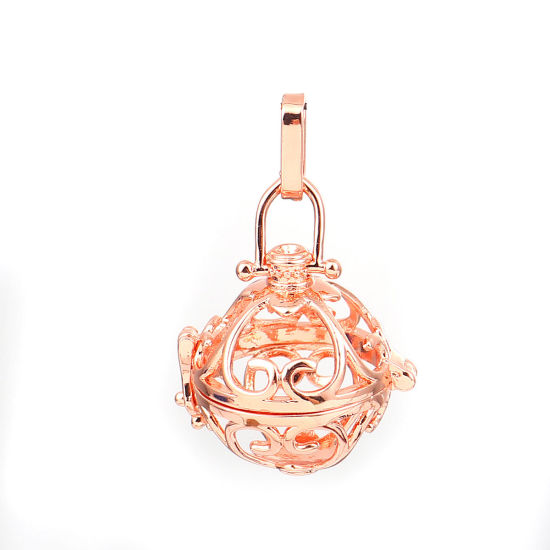 Picture of Copper Pendants Mexican Angel Caller Bola Harmony Ball Wish Box Locket Heart Rose Gold Can Open (Fits 18mm Beads) 43mm(1 6/8") x 26mm(1"), 2 PCs