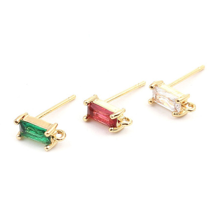 Brass Ear Post Stud Earrings Filled Rectangle W/ Loop Clear Rhinestone