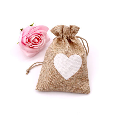Jute Drawstring Bags Rectangle Brown Heart 14cm x 10cm, 5 PCs
