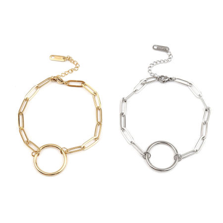 304 Stainless Steel Simple Link Cable Chain Bracelets Multicolor Circle Ring 18cm(7 1/8") long