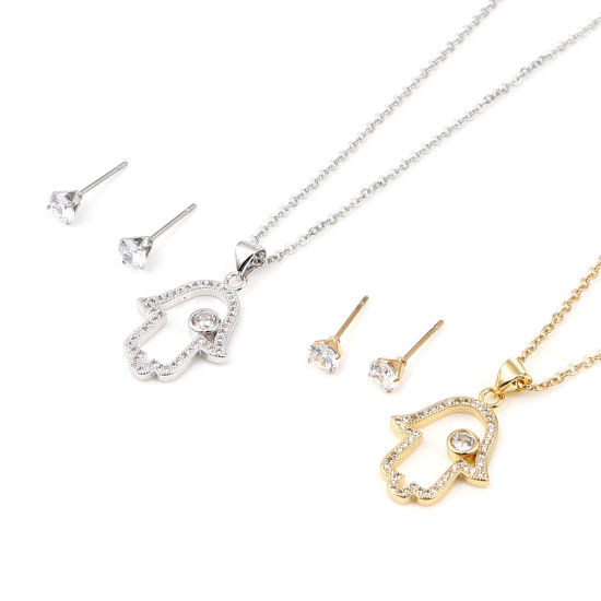 Image de Stainless Steel & Copper Religious Jewelry Necklace Earrings Set Round Hamsa Symbol Hand Micro Pave Clear Cubic Zirconia
