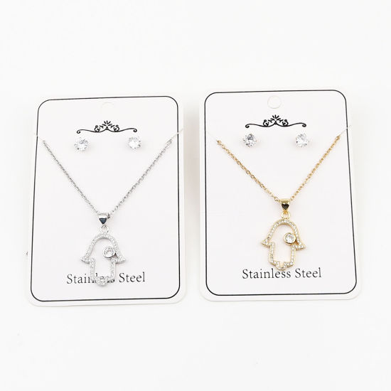 Image de Stainless Steel & Copper Religious Jewelry Necklace Earrings Set Round Hamsa Symbol Hand Micro Pave Clear Cubic Zirconia