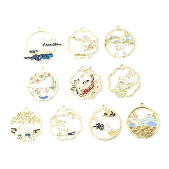 Imagen de Zamak Colgantes Ronda Chapado en Oro Conejo Esmalte 30mm x 27mm, 10 Unidades