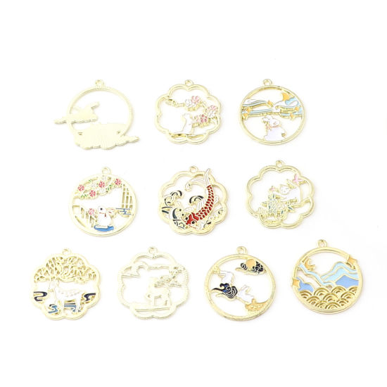 Imagen de Zamak Colgantes Ronda Chapado en Oro Conejo Esmalte 30mm x 27mm, 10 Unidades