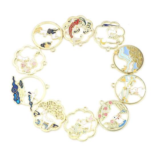 Imagen de Zamak Colgantes Ronda Chapado en Oro Conejo Esmalte 30mm x 27mm, 10 Unidades