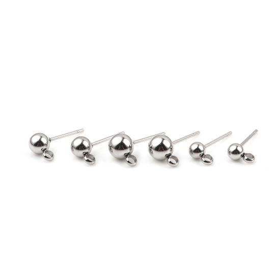 Immagine di Acciaio Inossidabile Orecchini a Perno Palla Tono Argento W/ Loop 7mm x 4mm, Posta / Filo Dimensione: (21 misura), 10 Pz