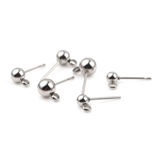 Immagine di Acciaio Inossidabile Orecchini a Perno Palla Tono Argento W/ Loop 7mm x 4mm, Posta / Filo Dimensione: (21 misura), 10 Pz