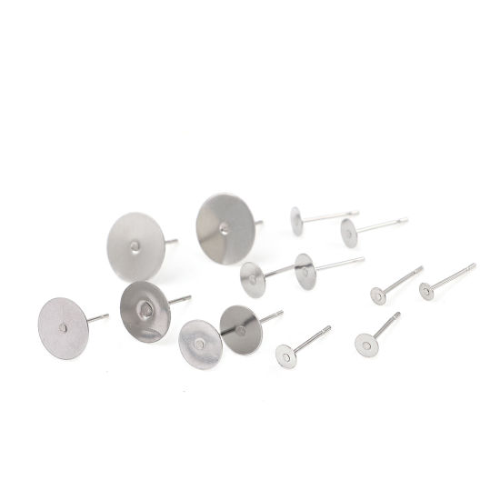 Picture of Stainless Steel Ear Post Stud Earrings Round Silver Tone Glue On (Fits 4mm Dia.) 12mm x 4mm, Post/ Wire Size: (21 gauge), 50 PCs
