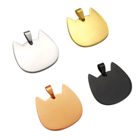Image de 1 Pièce Pendentif BreloqueÉtiquettes d'Estampage Vierges en Acier Inoxydable Chat Argent Mat Pouvoir Graver sur Espace Blanc 26mm x 25mm