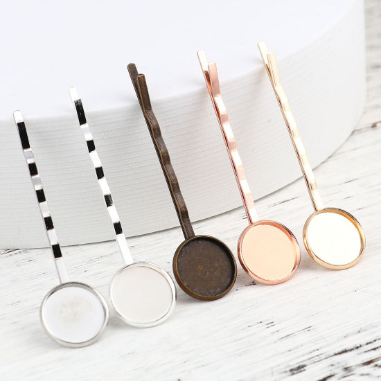 Image de Pinces à Cheveux en Cuivre+Alliage de Fer Rond Cabochon Rapportable (Convenable à 10mm Dia) 60mm x 12mm, 10 Pcs