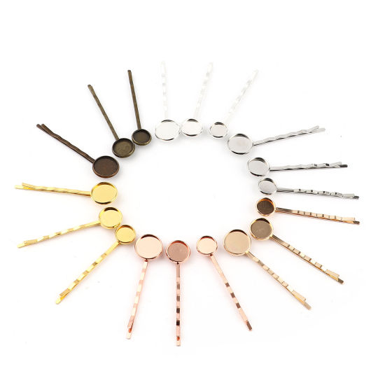 Image de Pinces à Cheveux en Cuivre+Alliage de Fer Rond Cabochon Rapportable (Convenable à 10mm Dia) 60mm x 12mm, 10 Pcs