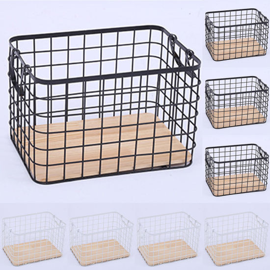 Image de Panier De Rangement En Grille En Fer Forgé Avec Planche De Bois