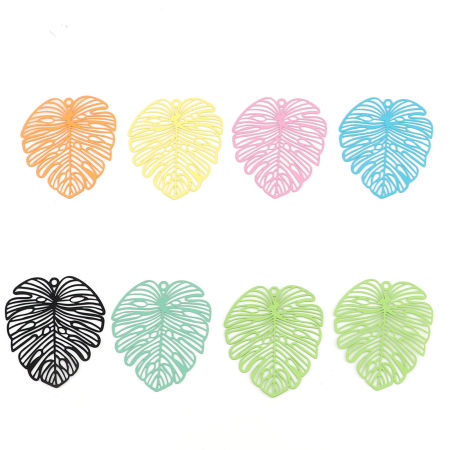 Iron Based Alloy Filigree Stamping Pendants Multicolor Matte Monstera Leaf Painted