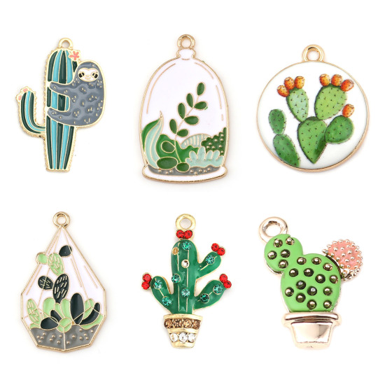 Picture of Zinc Based Alloy Pendants Gold Plated White & Green Enamel 34mm x 20mm, 5 PCs