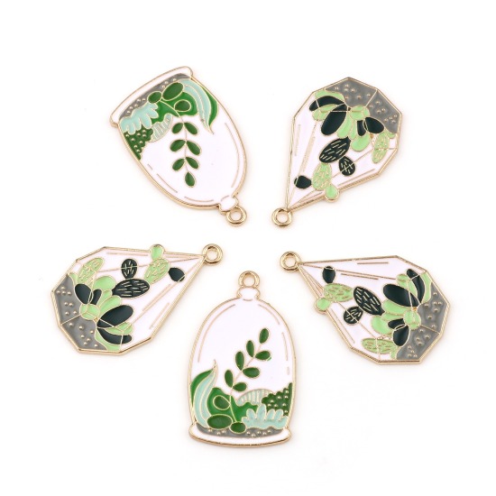 Picture of Zinc Based Alloy Pendants Gold Plated White & Green Enamel 34mm x 20mm, 5 PCs