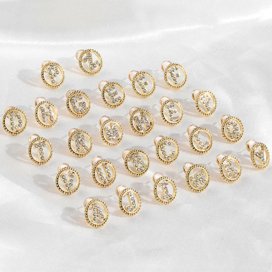 亜鉛合金 イヤリング 金メッキ 円形 キャピタルレター 透明ラインストーン 15mm直径、 ワイヤーサイズ: （21号）、 2 個 の画像