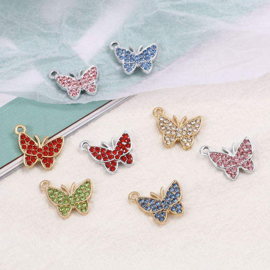 Picture of Zinc Based Alloy Insect Charms Butterfly Animal Micro Pave Multicolor Rhinestone 17mm x 15mm