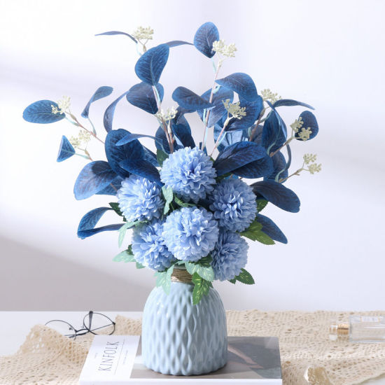 Image de Décoration de maison de feuille d'eucalyptus de fleur de pompon de simulation de fausse soie