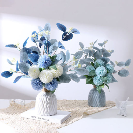 Image de Décoration de maison de feuille d'eucalyptus de fleur de pompon de simulation de fausse soie