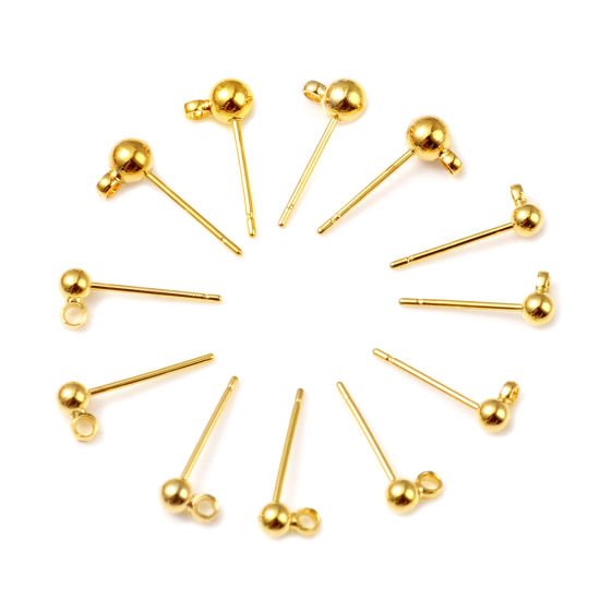 Picture of Brass Ear Post Stud Earrings 18K Real Gold Plated Ball W/ Loop Post/ Wire Size: (21 gauge), 10 PCs