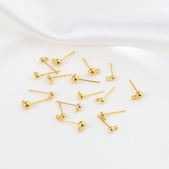 Picture of Brass Ear Post Stud Earrings 18K Real Gold Plated Ball W/ Loop Post/ Wire Size: (21 gauge), 10 PCs