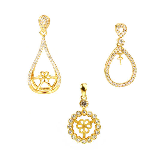 Picture of Brass Micro Pave Pearl Pendant Connector Bail Pin Cap 18K Real Gold Plated Clear Rhinestone 1 Piece