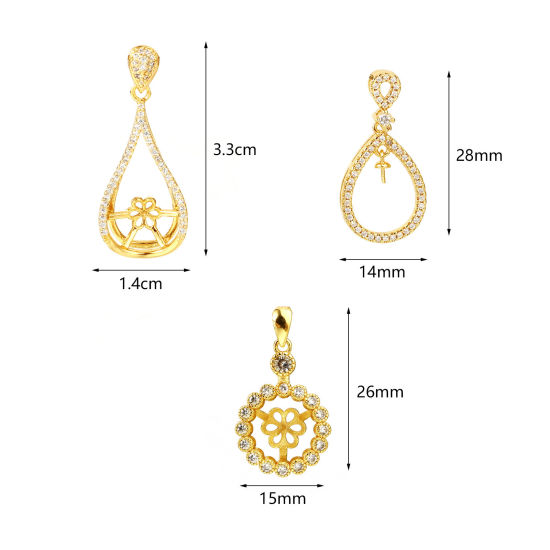 Picture of Brass Micro Pave Pearl Pendant Connector Bail Pin Cap 18K Real Gold Plated Clear Rhinestone 1 Piece