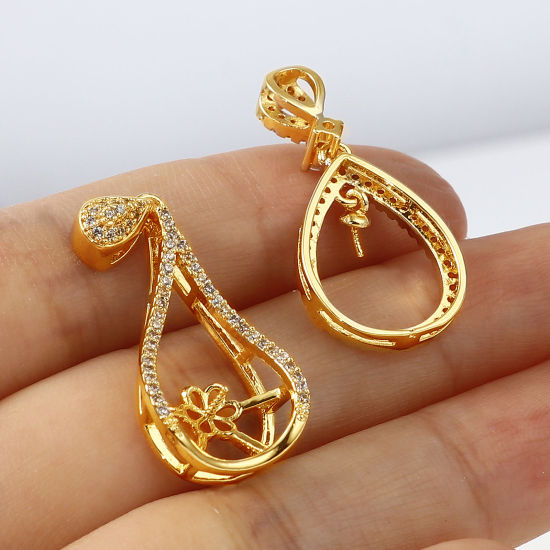 Picture of Brass Micro Pave Pearl Pendant Connector Bail Pin Cap 18K Real Gold Plated Clear Rhinestone 1 Piece