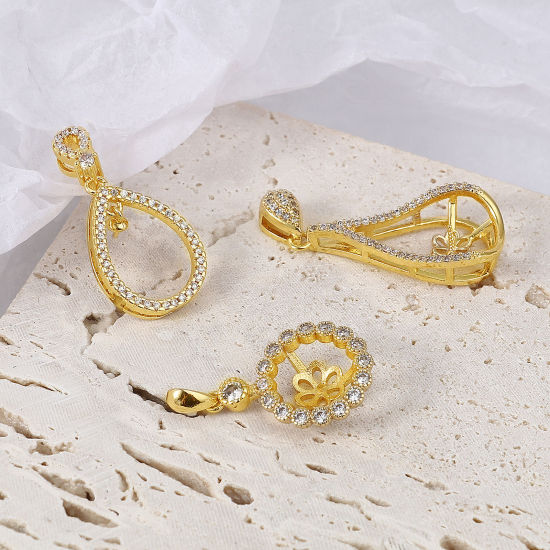 Picture of Brass Micro Pave Pearl Pendant Connector Bail Pin Cap 18K Real Gold Plated Clear Rhinestone 1 Piece